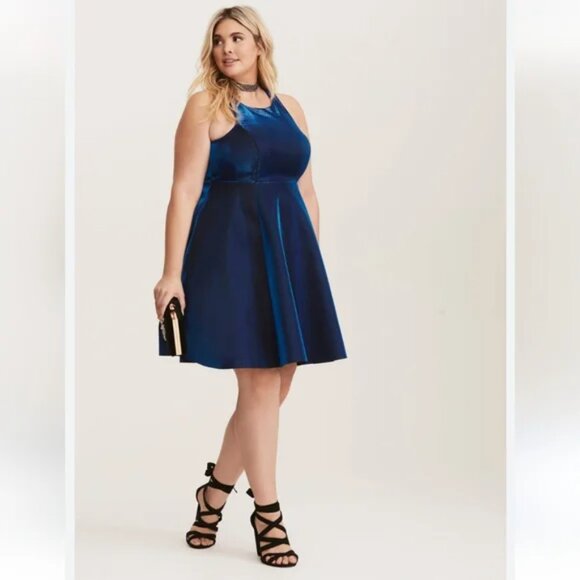 Like New Torrid Iridescent Metallic Blue Fit & Flare Racerback Skater Dress - Picture 3 of 5